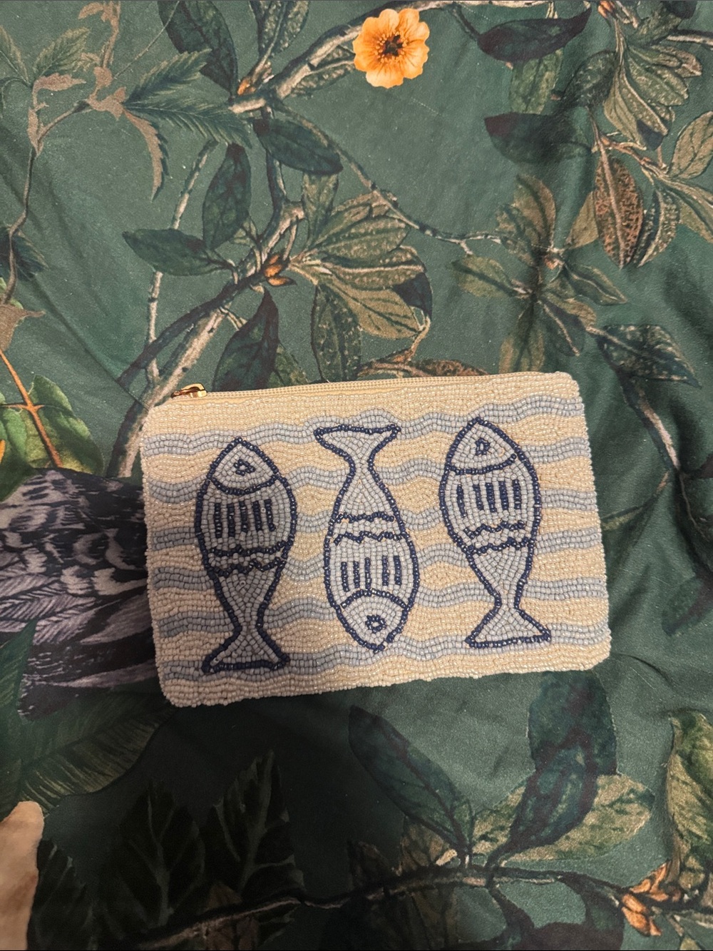 Beaded Fish Zipper Pouch - Blue on Cream